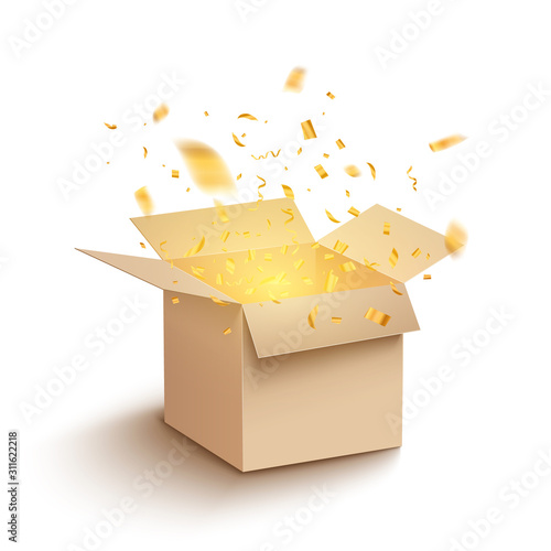 White gift box confetti explosion. Magic open surprise gift box package decoration