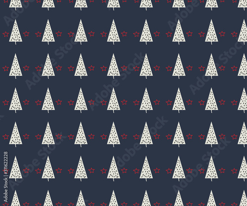 New Year pattern with blue background with red stars and white Christmas tree.