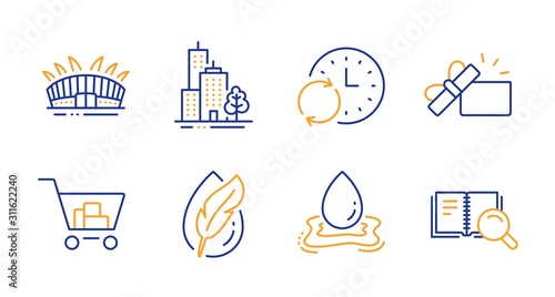 Hypoallergenic tested, Internet shopping and Water splash line icons set. Skyscraper buildings, Opened gift and Update time signs. Arena stadium, Search book symbols. Vector