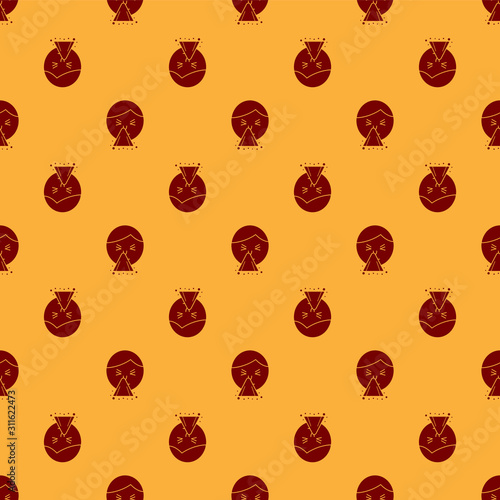 Red Man holding handkerchief or napkin to his runny nose icon isolated seamless pattern on brown background. Coryza desease symptoms. Vector Illustration