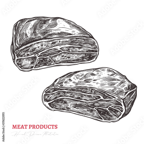Farm meat product. Piece of beef or pork. Sketch hand drawn engraving vector isolated illustration