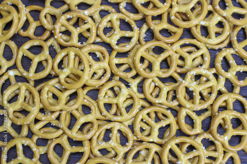 Crunchy pretzels. German beer snack. Background, texture