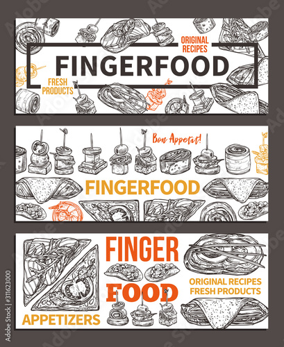 Horizontal banners with finger food design. Snacks, appetizers, mini canapes, sandwiches, seafood, hamburger, rolls. Vector illustration in monochrome hand drawn sketch style