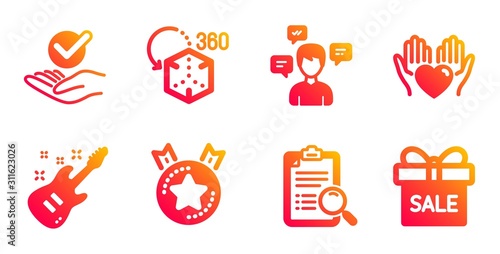 Augmented reality, Search analysis and Conversation messages line icons set. Electric guitar, Hold heart and Ranking star signs. Approved, Sale offer symbols. Virtual reality, Find survey. Vector