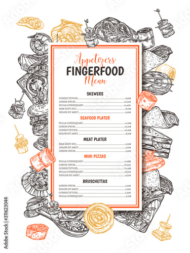 Menu design with finger food background for restaurant, cafe. Snacks, appetizers, mini canapes, sandwiches, seafood, hamburger, rolls. Vector monochrome illustration with hand drawn sketch
