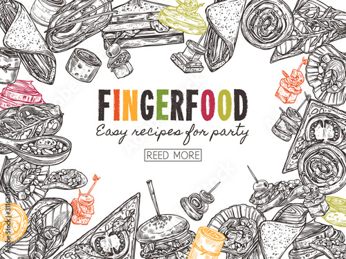 Poster with finger food background, template for website. Snacks, appetizers, mini canapes, sandwiches, seafood, hamburger, rolls. Vector illustration in monochrome hand drawn sketch style