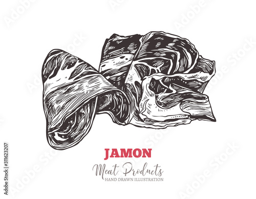 Spanish jamon, italian prosciutto crudo or parma ham in vector hand drawn style. Slices of dry cured meat sketch illustration. Farm natural product