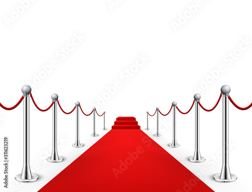 Red carpet event silver barriers background realistic vector illustration. Red carpet luxury entrance celebrity event presentation