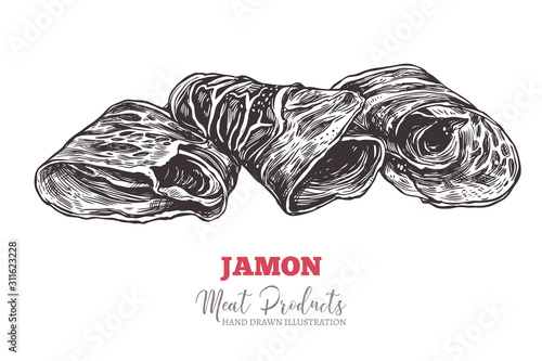 Spanish jamon, italian prosciutto crudo or parma ham in vector hand drawn style. Slices of dry cured meat sketch illustration. Farm natural product