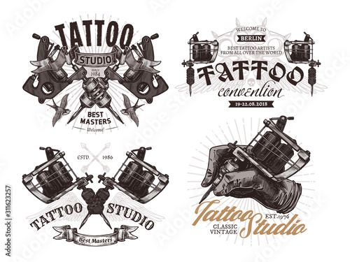 Tattoo emblems, badges and labels collection. Set of tattoo shops and salon logo and sign. Vector hand drawn engraving illustrations