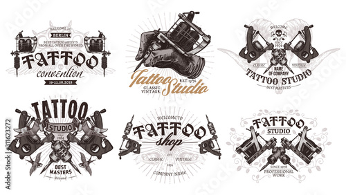 Tattoo emblems, badges and labels collection. Set of tattoo shops and salon logo and sign. Vector hand drawn engraving style
