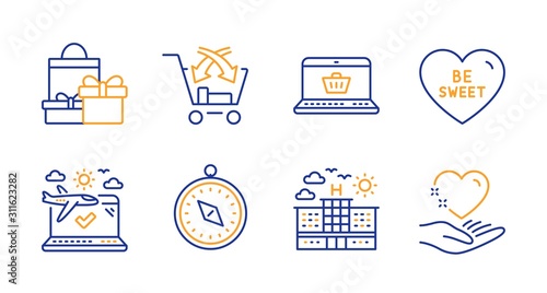 Online shopping, Be sweet and Hotel line icons set. Cross sell, Shopping and Airplane travel signs. Travel compass, Hold heart symbols. Love sweetheart, Market retail. Holidays set. Vector