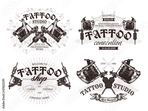 Tattoo emblems, badges and logo collection. Set of tattoo shops and salon labels and sign. Vector hand drawn engraving style