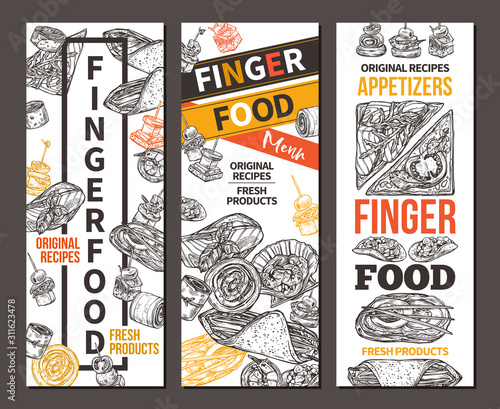 Vertical banners with finger food design. Snacks, appetizers, mini canapes, sandwiches, seafood, hamburger, rolls. Vector illustration in monochrome hand drawn sketch style