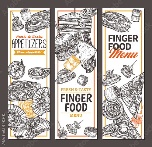 Vertical banners with finger food design. Snacks, appetizers, mini canapes, sandwiches, seafood, hamburger, rolls. Vector illustration in monochrome hand drawn sketch style