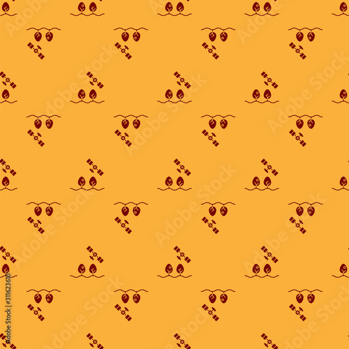 Red Smart farm with drone control and tree icon isolated seamless pattern on brown background. Innovation technology for agricultural company. Vector Illustration