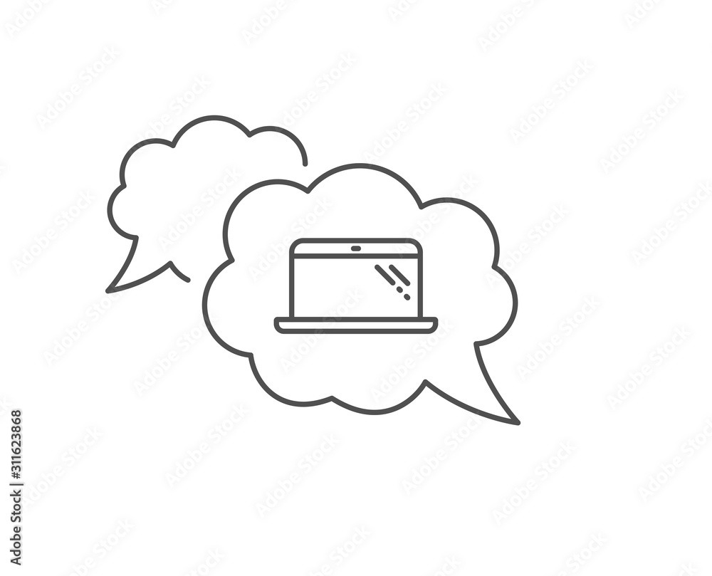Laptop line icon. Chat bubble design. Mobile computer device sign. Outline concept. Thin line laptop icon. Vector Laptop line icon. Chat bubble design. Mobile computer device sign. Outline concept. Thin line laptop icon. Vector