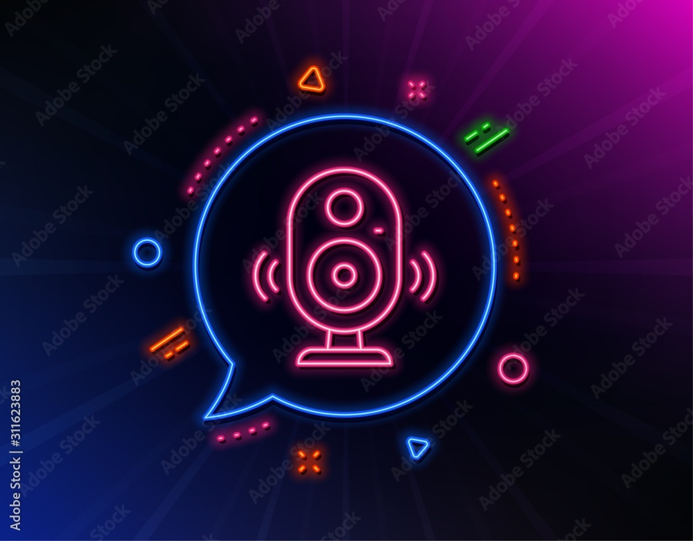 Speaker line icon. Neon laser lights. Computer component sign. Sound symbol. Glow laser speech bubble. Neon lights chat bubble. Banner badge with speaker icon. Vector Speaker line icon. Neon laser lights. Computer component sign. Sound symbol. Glow laser speech bubble. Neon lights chat bubble. Banner badge with speaker icon. Vector