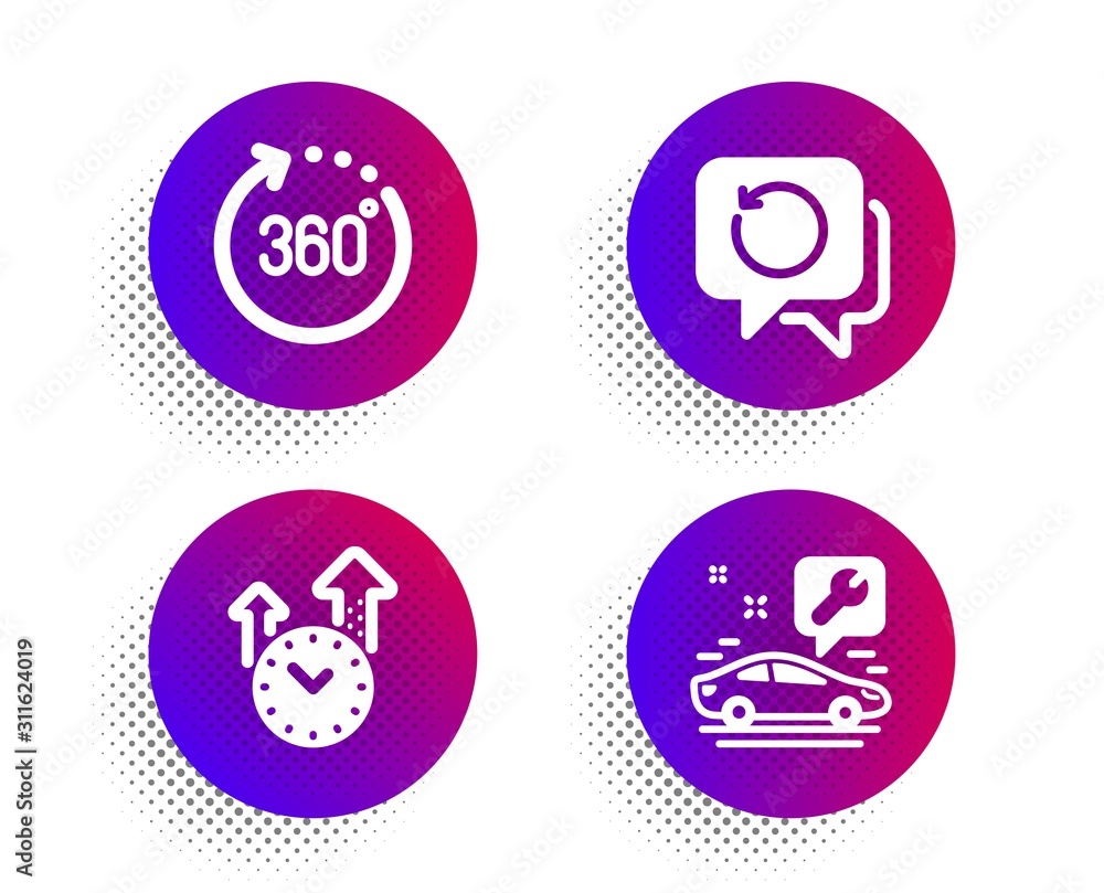 Time management, 360 degrees and Recovery data icons simple set. Halftone dots button. Car service sign. Office clock, Panoramic view, Backup info. Repair service. Technology set. Vector