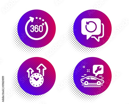Time management  360 degrees and Recovery data icons simple set. Halftone dots button. Car service sign. Office clock  Panoramic view  Backup info. Repair service. Technology set. Vector