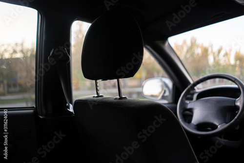 close up detail of the headrest in the car, seat saloon