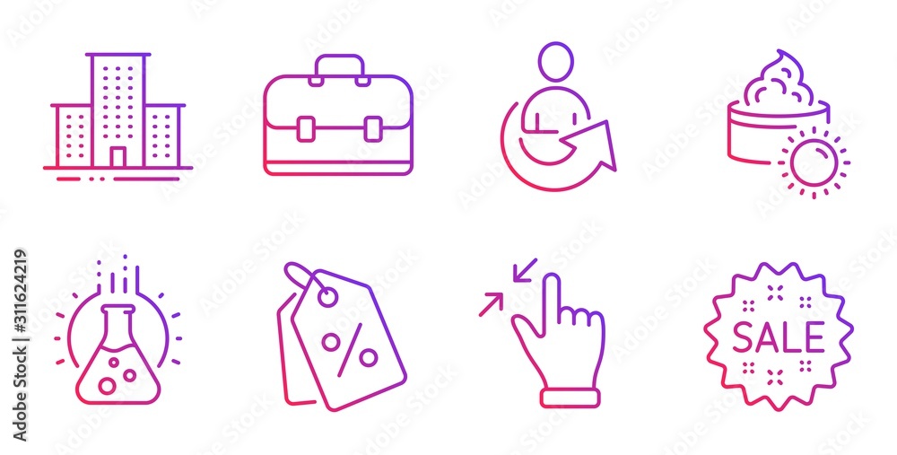 Share, Portfolio and Chemistry lab line icons set. University campus, Discount tags and Sun cream signs. Touchscreen gesture, Sale symbols. Referral person, Business case. Business set. Vector Share, Portfolio and Chemistry lab line icons set. University campus, Discount tags and Sun cream signs. Touchscreen gesture, Sale symbols. Referral person, Business case. Business set. Vector