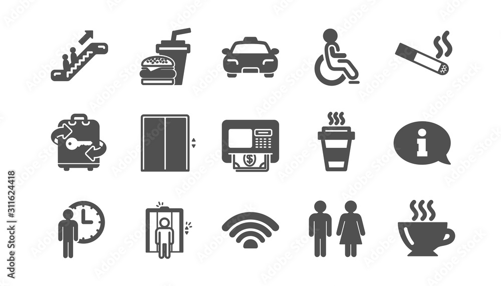 Public services icons. Elevator, Taxi and Wifi internet. Fast food classic icon set. Quality set. Vector Public services icons. Elevator, Taxi and Wifi internet. Fast food classic icon set. Quality set. Vector