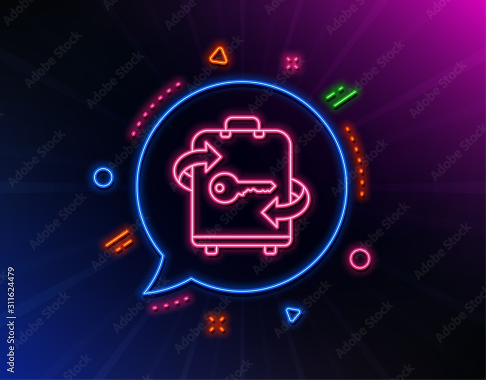 Luggage room line icon. Neon laser lights. Baggage Locker sign. Travel service symbol. Glow laser speech bubble. Neon lights chat bubble. Banner badge with luggage icon. Vector