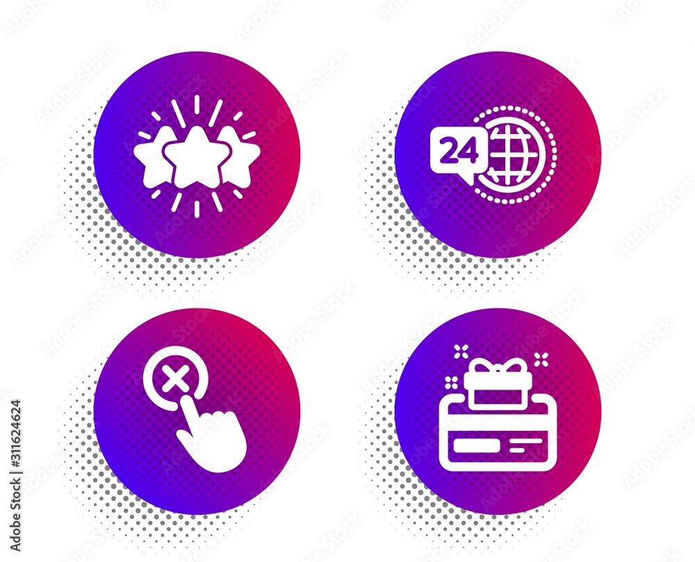Reject click, 24h service and Star icons simple set. Halftone dots button. Loyalty card sign. Delete button, Call support, Customer feedback. Bonus points. Technology set. Vector Reject click, 24h service and Star icons simple set. Halftone dots button. Loyalty card sign. Delete button, Call support, Customer feedback. Bonus points. Technology set. Vector