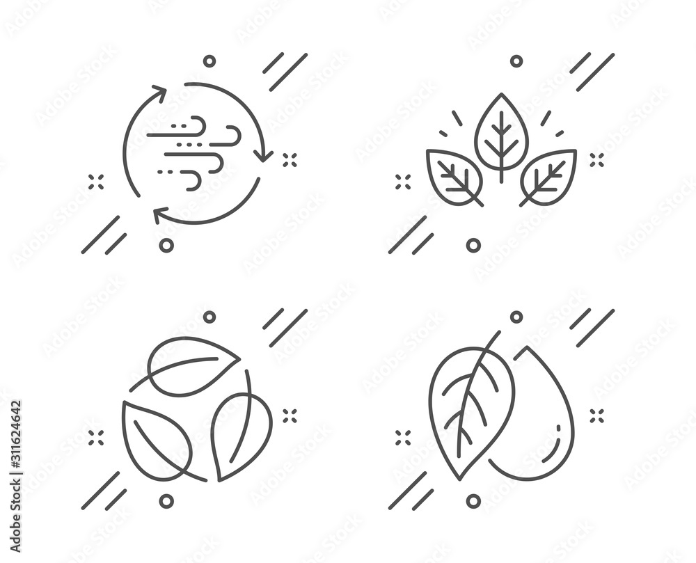 Leaves, Wind energy and Organic tested line icons set. Mineral oil sign. Nature leaf, Breeze power, Bio ingredients. Organic tested. Nature set. Line leaves outline icon. Vector