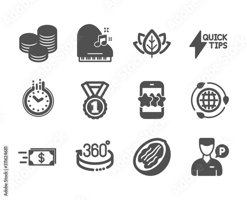 Set of Business icons, such as Best rank, Valet servant, Star, Pecan nut, Quickstart guide, Organic tested, Piano, Tips, 360 degrees, Time, Eco energy, Money transfer classic icons. Vector