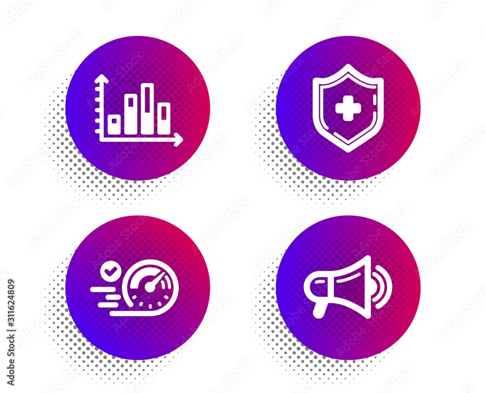 Diagram graph, Speedometer and Medical shield icons simple set. Halftone dots button. Megaphone sign. Presentation chart, Time concept, Medicine protection. Advertisement. Business set. Vector