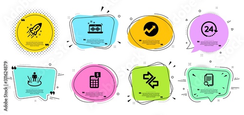 Search file, Augmented reality and Synchronize line icons set. Chat bubbles with quotes. Audit, 24 hours and Music making signs. Calculator, Startup rocket symbols. Vector