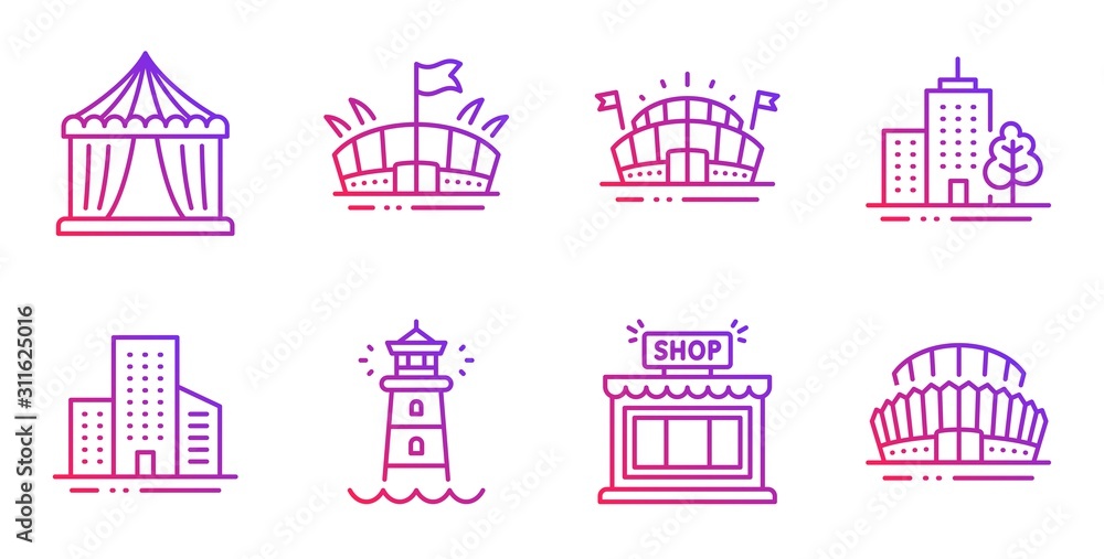 Circus tent, Buildings and Lighthouse line icons set. Skyscraper buildings, Arena and Sports arena signs. Shop, Sports stadium symbols. Attraction park, City architecture. Buildings set. Vector