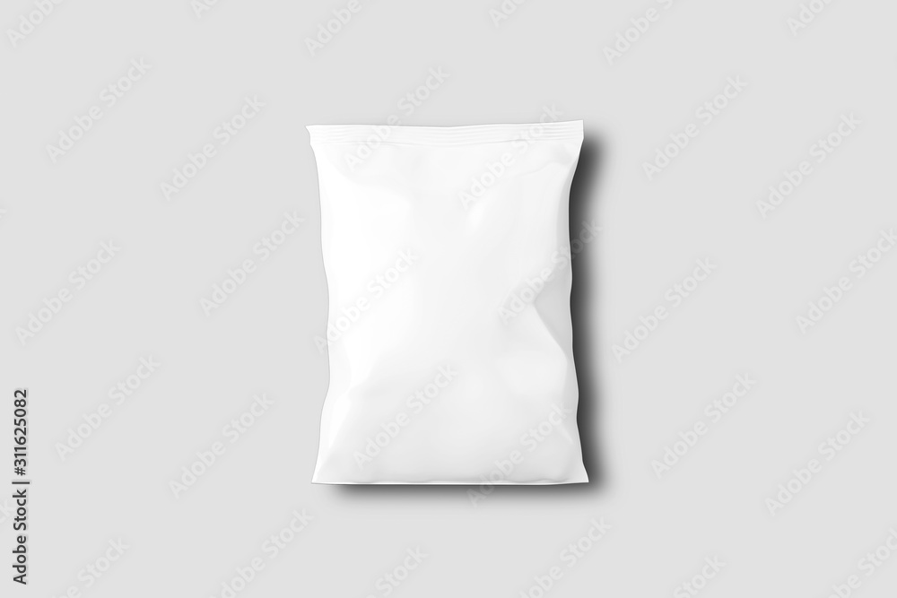 White Blank Potato Chips Foil Bag Pack Mock up. 3D Rendering
