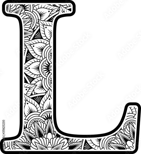 capital letter l with abstract flowers ornaments in black and white. design inspired from mandala art style for coloring. Isolated on white background