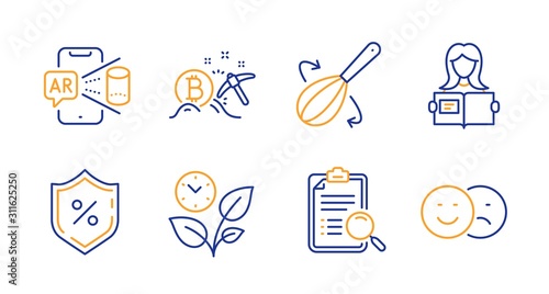 Woman read, Augmented reality and Loan percent line icons set. Leaves, Search analysis and Bitcoin mining signs. Cooking whisk, Like symbols. Girl studying, Phone simulation. Business set. Vector