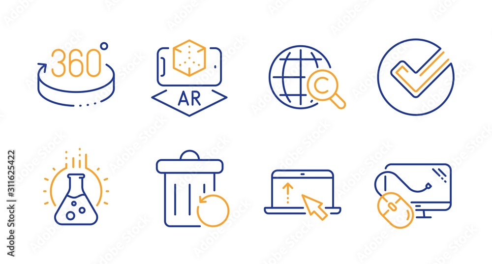 Swipe up, International Сopyright and Verify line icons set. Chemistry lab, Augmented reality and Recovery trash signs. 360 degrees, Computer mouse symbols. Scroll screen, World copywriting. Vector Swipe up, International Сopyright and Verify line icons set. Chemistry lab, Augmented reality and Recovery trash signs. 360 degrees, Computer mouse symbols. Scroll screen, World copywriting. Vector