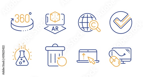 Swipe up, International Ð¡opyright and Verify line icons set. Chemistry lab, Augmented reality and Recovery trash signs. 360 degrees, Computer mouse symbols. Scroll screen, World copywriting. Vector