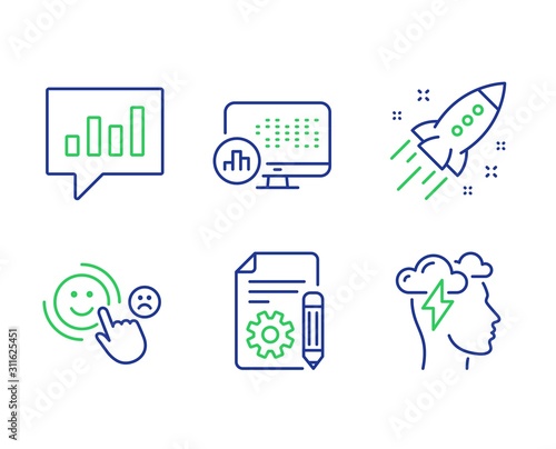 Documentation, Customer satisfaction and Startup rocket line icons set. Analytical chat, Report statistics and Mindfulness stress signs. Project, Happy smile, Business innovation. Vector
