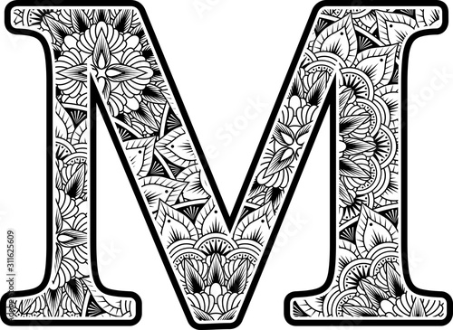 capital letter m with abstract flowers ornaments in black and white. design inspired from mandala art style for coloring. Isolated on white background