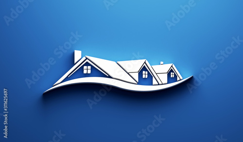 Real Estate Houses in blue background. 3D Render illustration