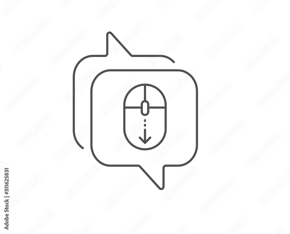 Scroll down mouse line icon. Chat bubble design. Scrolling screen sign. Swipe page. Outline concept. Thin line scroll down icon. Vector Scroll down mouse line icon. Chat bubble design. Scrolling screen sign. Swipe page. Outline concept. Thin line scroll down icon. Vector