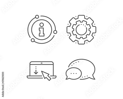 Scroll down laptop line icon. Chat bubble, info sign elements. Scrolling screen sign. Swipe page. Linear scroll down outline icon. Information bubble. Vector