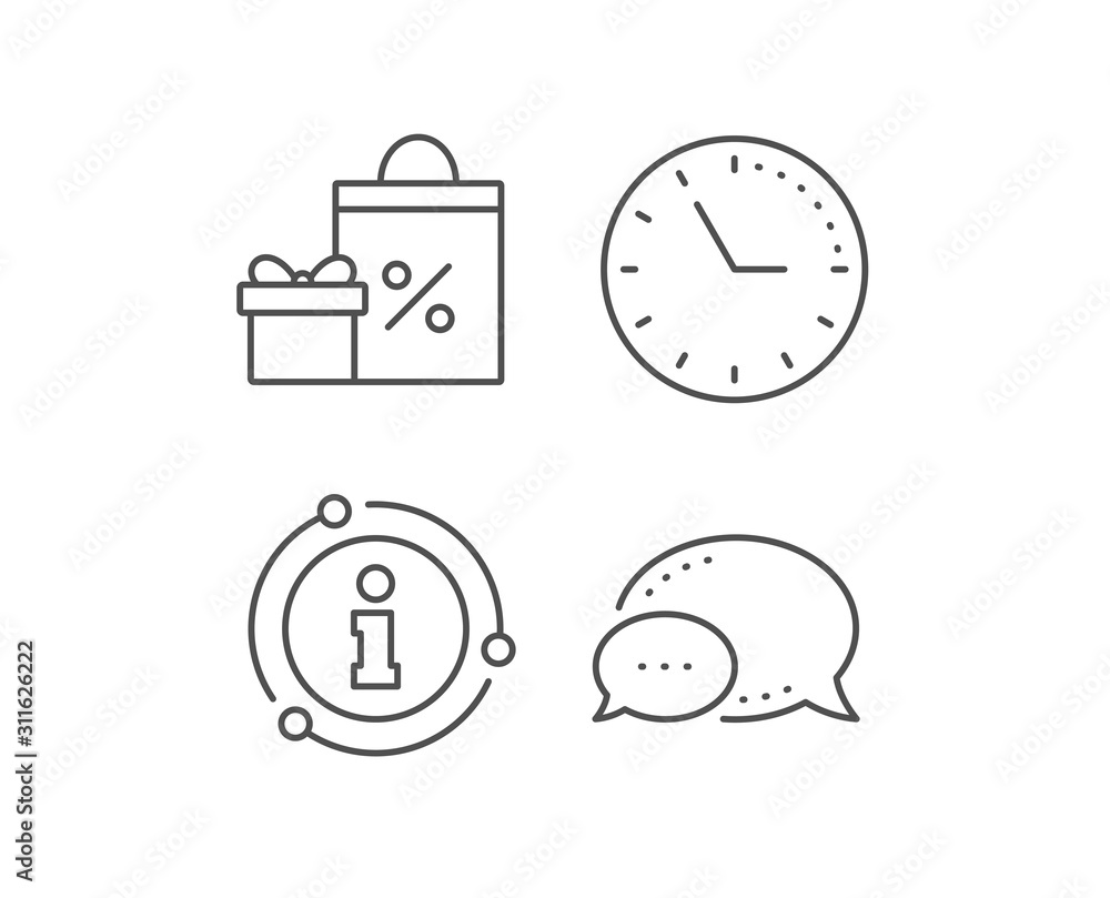 Gift box with Shopping bag line icon. Chat bubble, info sign elements. Present or Sale sign. Birthday Shopping with Discounts symbol. Package in Gift Wrap. Linear shopping outline icon. Vector Gift box with Shopping bag line icon. Chat bubble, info sign elements. Present or Sale sign. Birthday Shopping with Discounts symbol. Package in Gift Wrap. Linear shopping outline icon. Vector