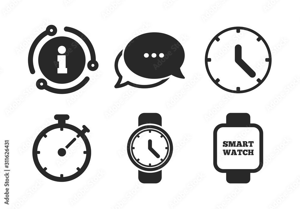 Mechanical clock time, Stopwatch timer symbols. Chat, info sign. Smart watch icons. Wrist digital watch sign. Classic style speech bubble icon. Vector