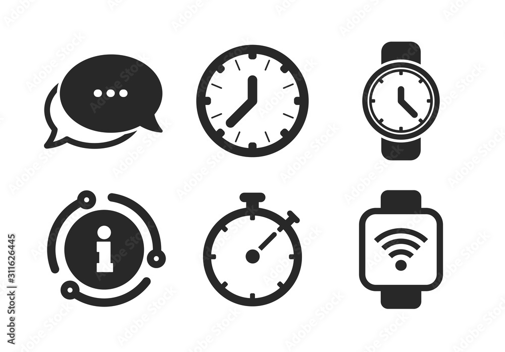 Mechanical clock time, Stopwatch timer symbols. Chat, info sign. Smart watch wi-fi icons. Wrist digital watch sign. Classic style speech bubble icon. Vector Mechanical clock time, Stopwatch timer symbols. Chat, info sign. Smart watch wi-fi icons. Wrist digital watch sign. Classic style speech bubble icon. Vector