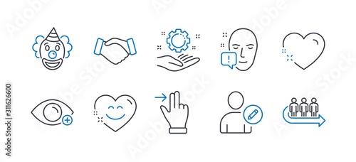 Set of People icons, such as Edit user, Handshake, Smile chat, Face attention, Clown, Heart, Farsightedness, Touchscreen gesture, Employee hand, Queue line icons. Profile data, Deal hand. Vector