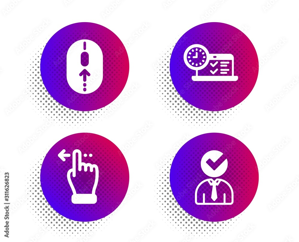 Online test, Swipe up and Touchscreen gesture icons simple set. Halftone dots button. Vacancy sign. Examination, Scrolling page, Slide left. Businessman concept. Business set. Vector Online test, Swipe up and Touchscreen gesture icons simple set. Halftone dots button. Vacancy sign. Examination, Scrolling page, Slide left. Businessman concept. Business set. Vector