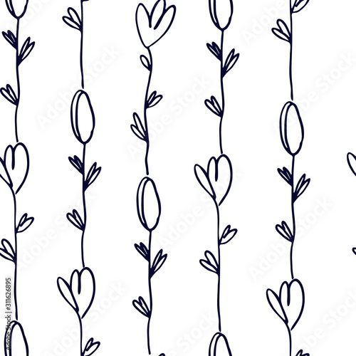 Seamless pattern with pinstripes of hand drawn flowers for surface design, fashion industry and other design projects. Black on white